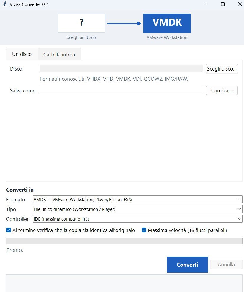 Finestra di VDisk Converter 0.2 con la conversione verso VMDK, scelta del disco, formato, tipo, controller e verifica della copia