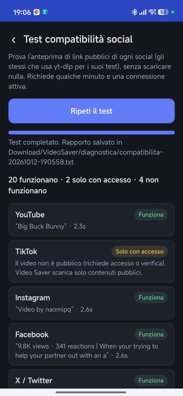 Risultati del test: 20 funzionano, 2 solo con accesso, 4 non funzionano, con l'elenco YouTube, TikTok, Instagram, Facebook